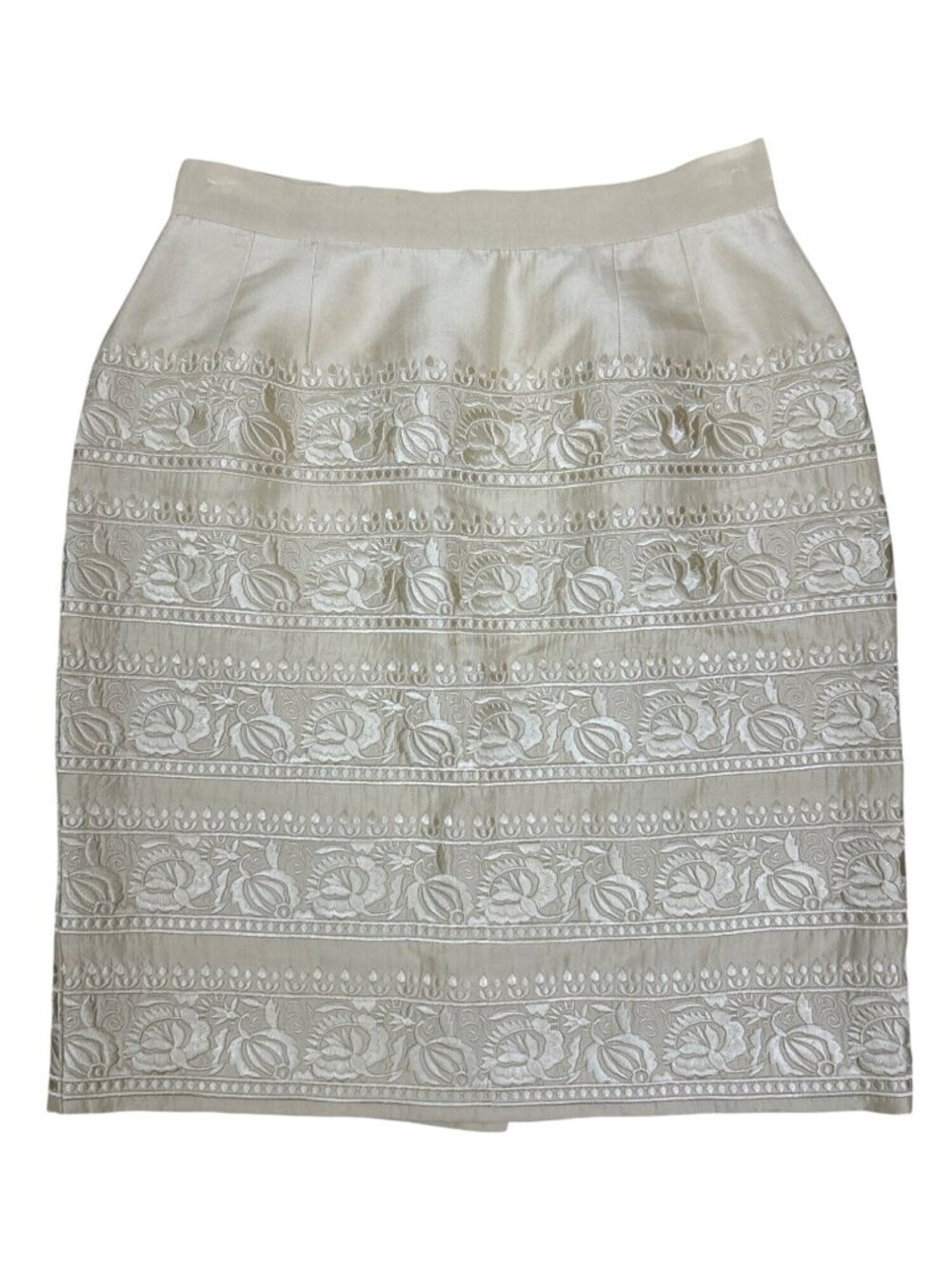 Anya Silk Pencil Skirt Women's 8 Cream Floral Embroidered Straight Midi Romantic